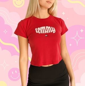 Y2K Tommy Hilfiger Short Length Red Logo T-Shirt, Medium